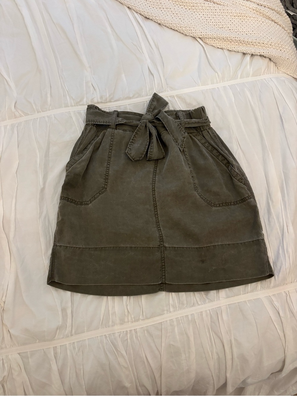 Express Olive Green Paperbag Waist Mini Skirt with Tie Belt